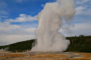 Old faithful erupting in Yellowstone National Park