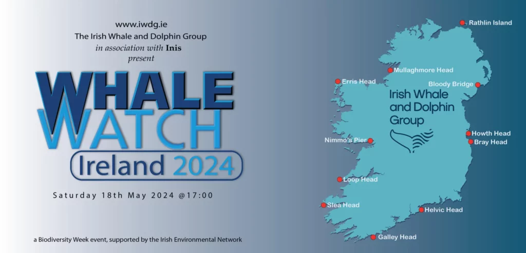 Promotional poster for Whale Watching Ireland 2024 event on May 18, featuring a map of watch points along the Irish coast, in blue and white color scheme.