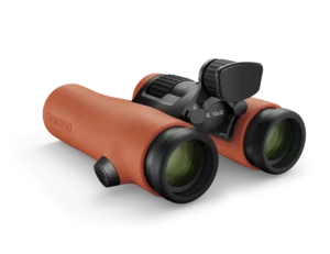 A pair of Swarovski Optik NL Pure 10x32 Binoculars on a black background.