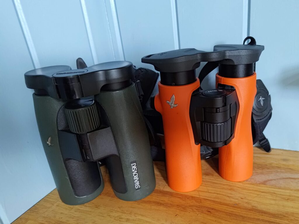 Swarovski Optik NL Pure 10x32 binoculars and SLC HD 10x42 binoculars size comparison.