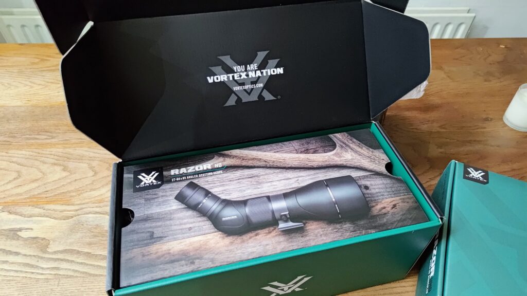 A box with a Vortex Spotting Scope, specifically the Razor HD model, in it.